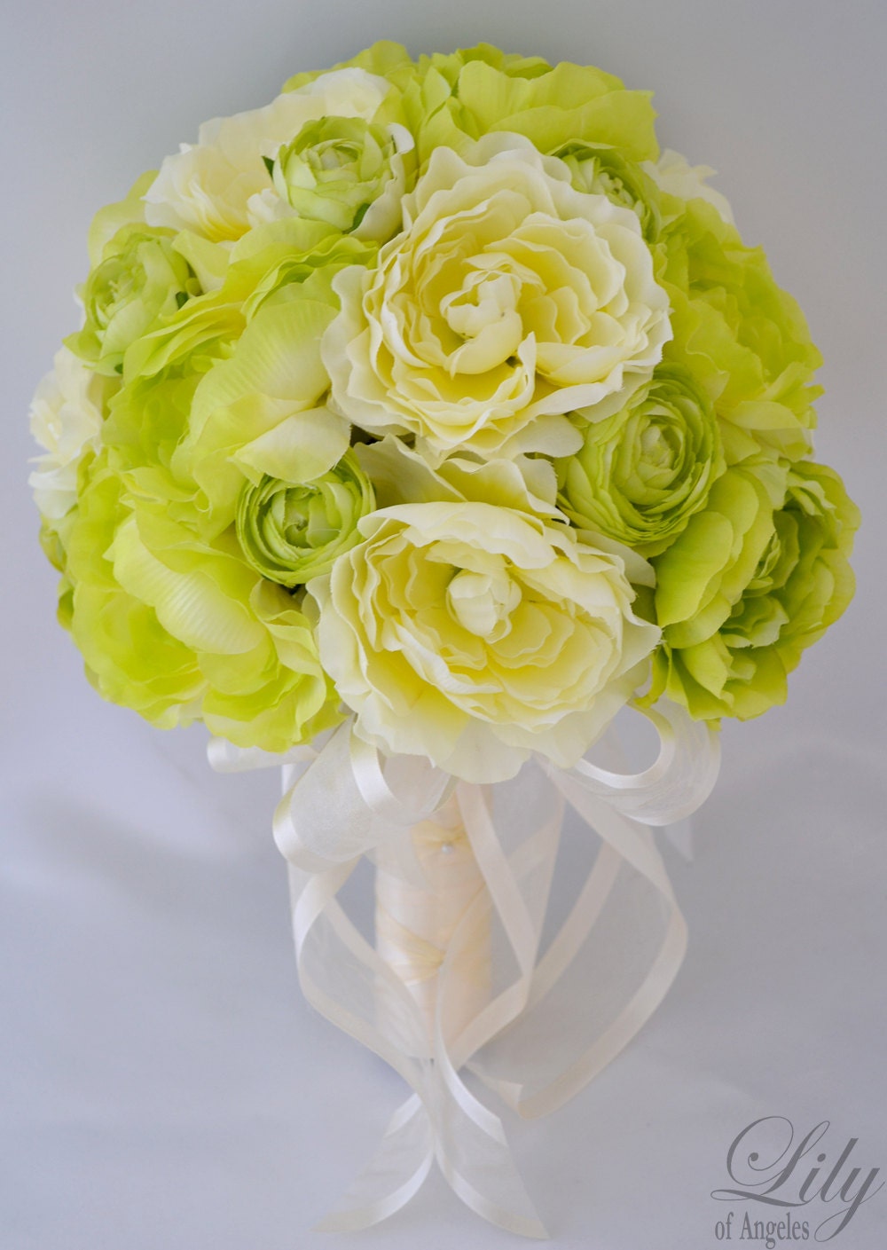 17pcs Wedding Bridal Bouquet Silk Flower Decoration Package IVORY GREEN "Lily of Angeles"