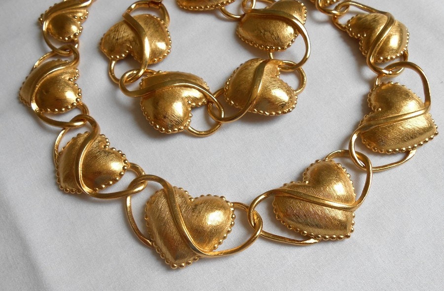 Big Bold Gold Trifari Heart Necklace and  Bracelet Set .  Totally 80s