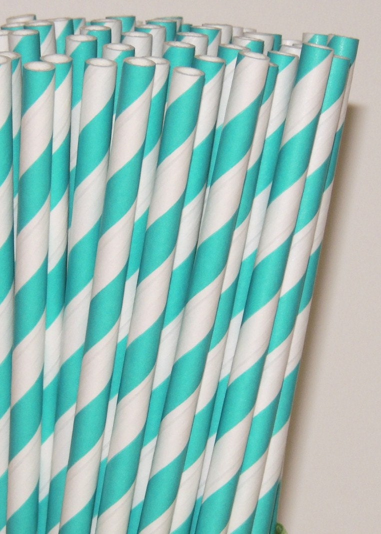 75 Aqua Striped Paper Drinking Staws - with DIY Printable Straw Flags - Party - Birthday, Wedding, Made In Usa