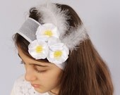 Feathery Bridal Headdress: Flower Fascinator with Elastic Headband with White Satin Fabric Flowers and Feathers. Handmade