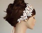 Seaside Weddings Headband Fascinator, Beach Style Bridal Headpiece, Fret Beige Lace Applique. Handmade