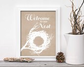 Welcome to Our Nest Spring Home Decor Sign - Typographic Easter Digital Art Print Linen Beige