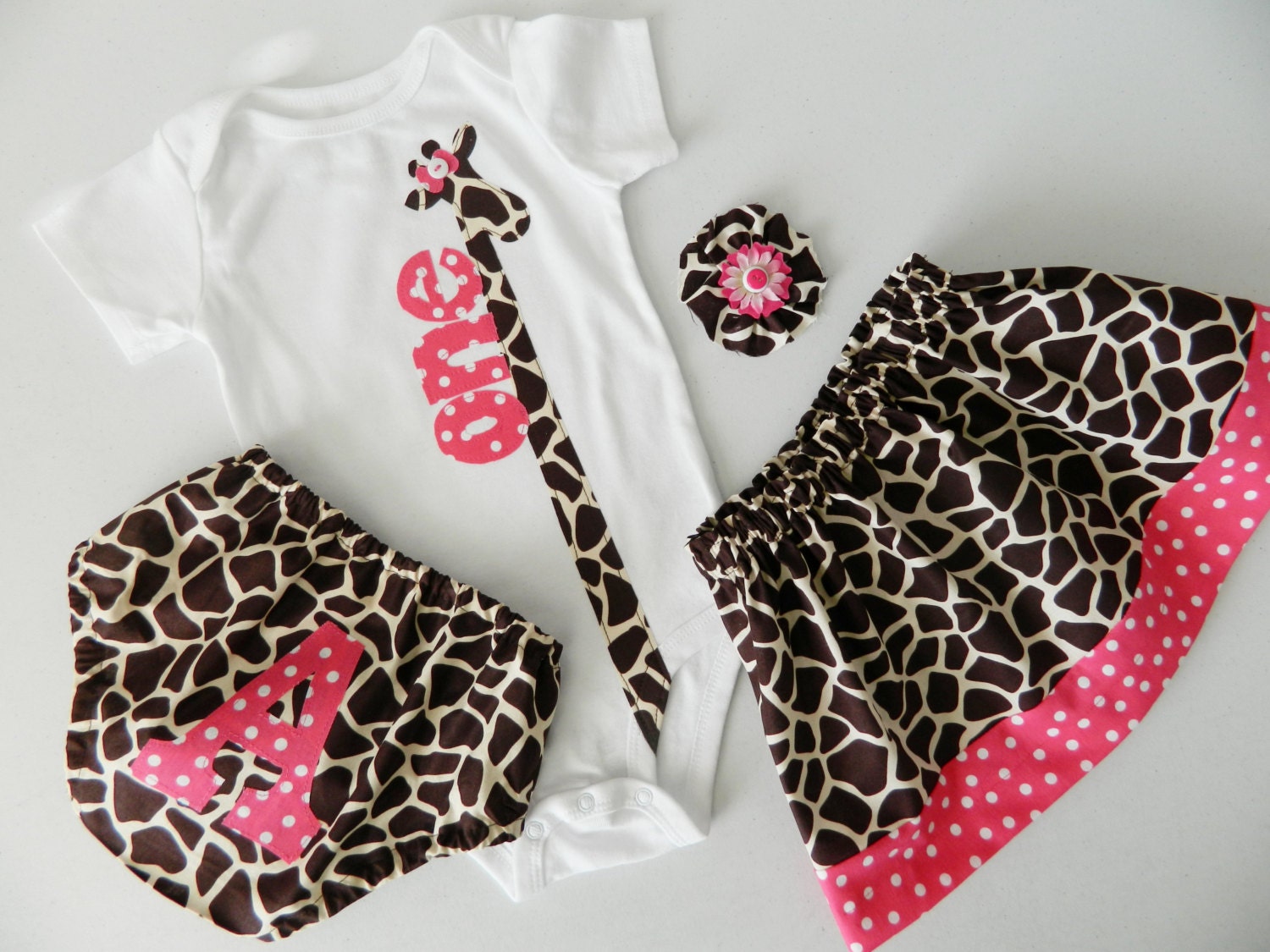 4 piece Baby girl, toddler onesie lanky giraffe, pink birthday number applique, diaper cover personalized, skirt, bow NB, 3m 6m 12m 18m 24m