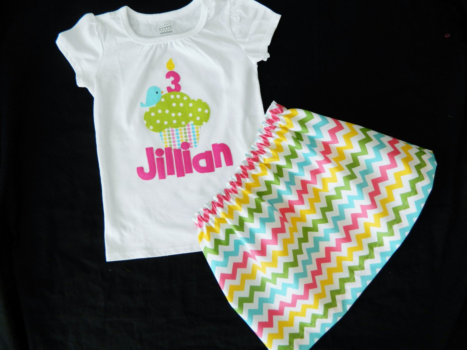 2 piece Birthday shirt with lime green polka dot cupcake, blue bird, number candle applique personalized with name, chevron skirt NB - 16