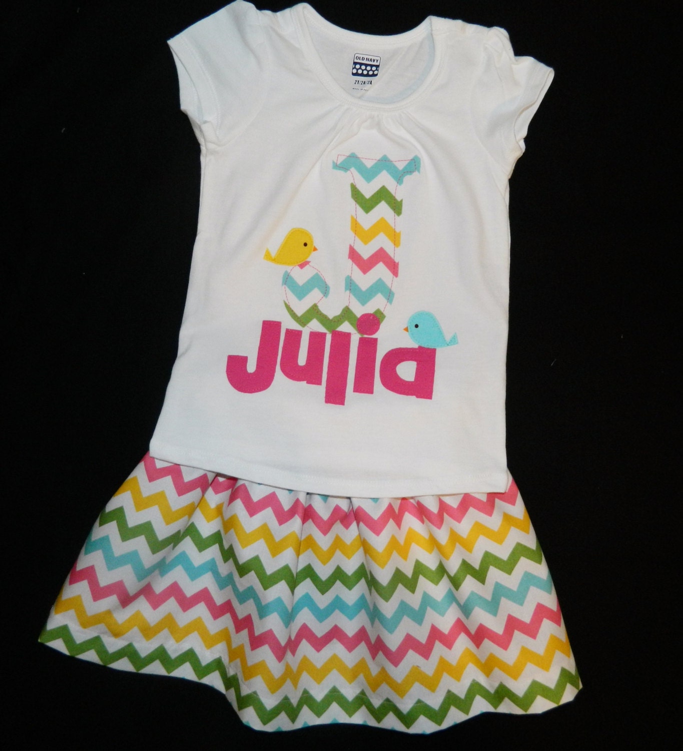 2 piece outfit - Tween, girl, toddler, baby green, pink, yellow, blue, chevron skirt, birthday birdie personalized initial number name shirt