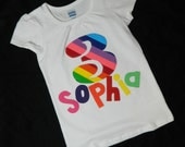 Boy or girl shirt with bright bubble gum yellow green blue orange rainbow colors personalized birthday number, name applique NB -16
