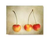 Three Rustic Cherries Photo, orange, red, kitchen art, food photography, cream, yellow, home decor, fruit still life, cherries