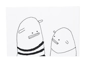 Miniature Greeting Card, Tiny Greeting Card & Envelope, Miniature Art, Tiny Art, Friends, Ink Drawing, Black, White, Stripe, Poosac