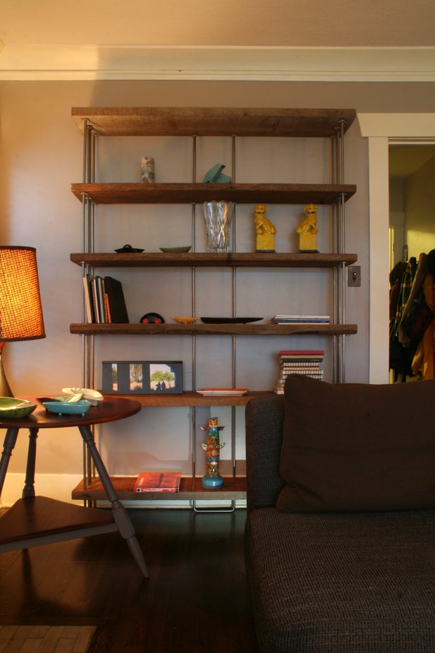 bookcase from reclaimed old growth wood and recycled content steel - bookshelf - shelving - modern industrial