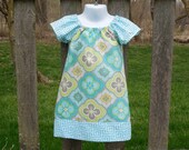 Girl's Infants Toddlers Peasant Dress  - Fresh Colors - Aqua and Gray