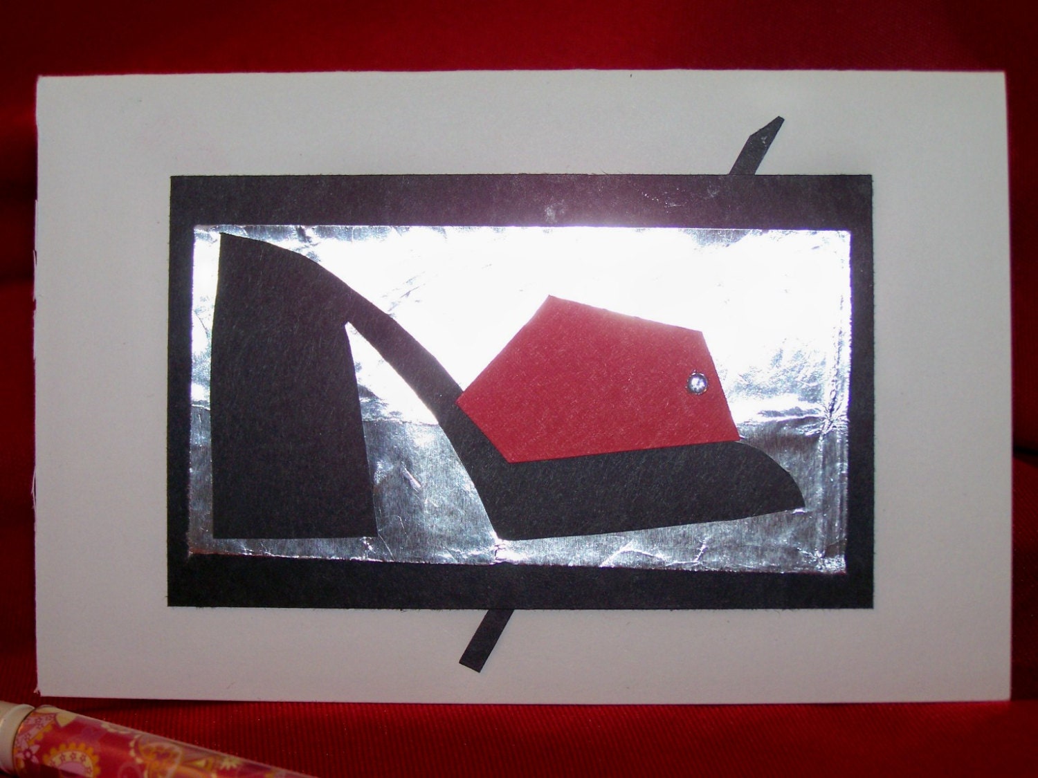Notecards Black Red Silver Funky High Heel Handmade Notecards Set of Six with Envelopes Free Shipping