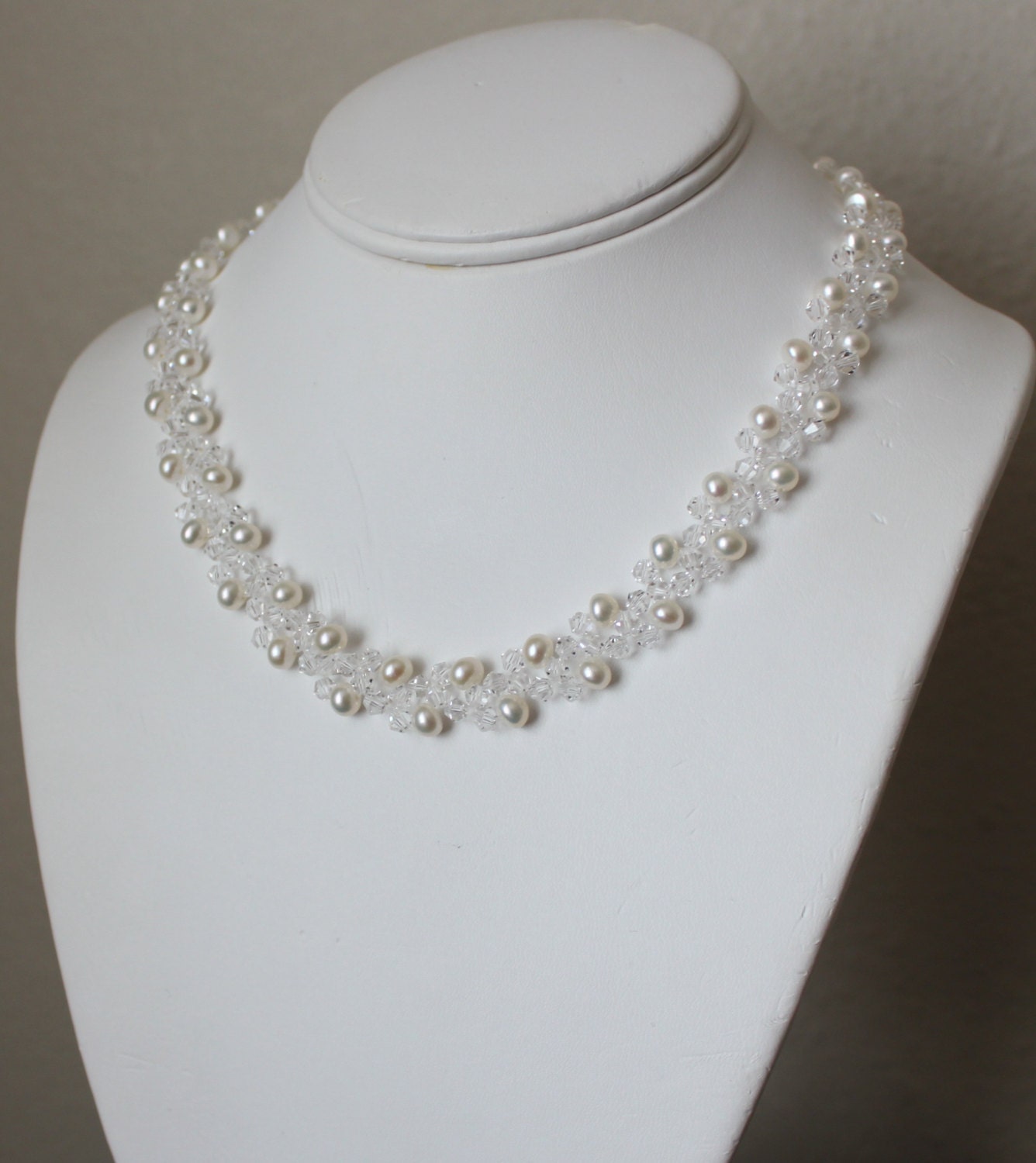 Wedding Jewelry, Fresh water pearl and crystal necklace and bracelet SET, White creamy pearls, clear crystals, Bridal Wear