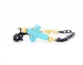 Turquoise Gold Cross Bracelet On Matte Black Chain