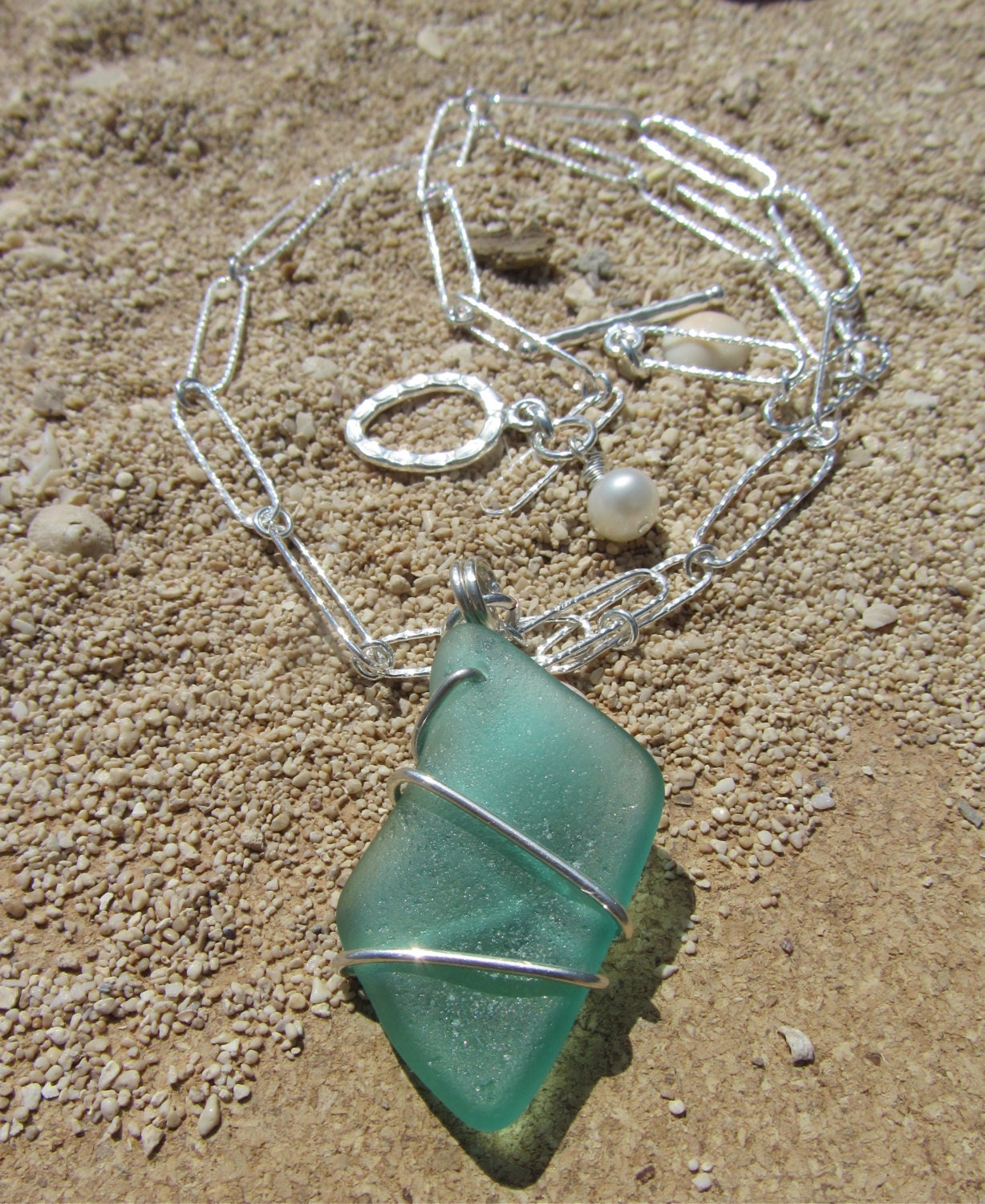 Rare Aqua Sea Glass Necklace With Wire Wrap