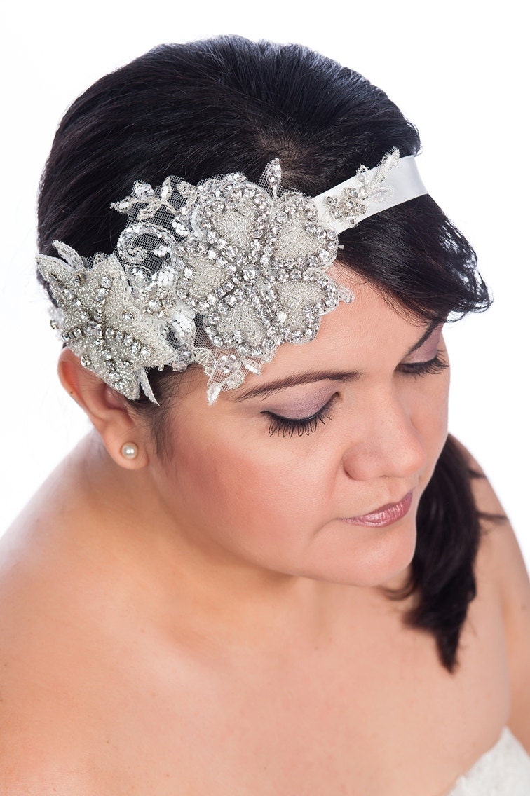 bridal headband ,  wedding headpiece , rhinestones beaded lace headpiece - Christ