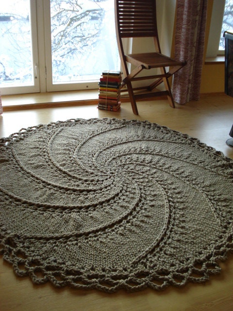 Hand Knitted Natural Linen Rope Cord Rug Spiral with crochet edge
