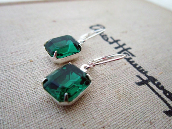 Emerald Earrings Dangle Earrings Drop Earrings Emerald Jewels Vintage Estate Style Jewelry - Wedding Bridal