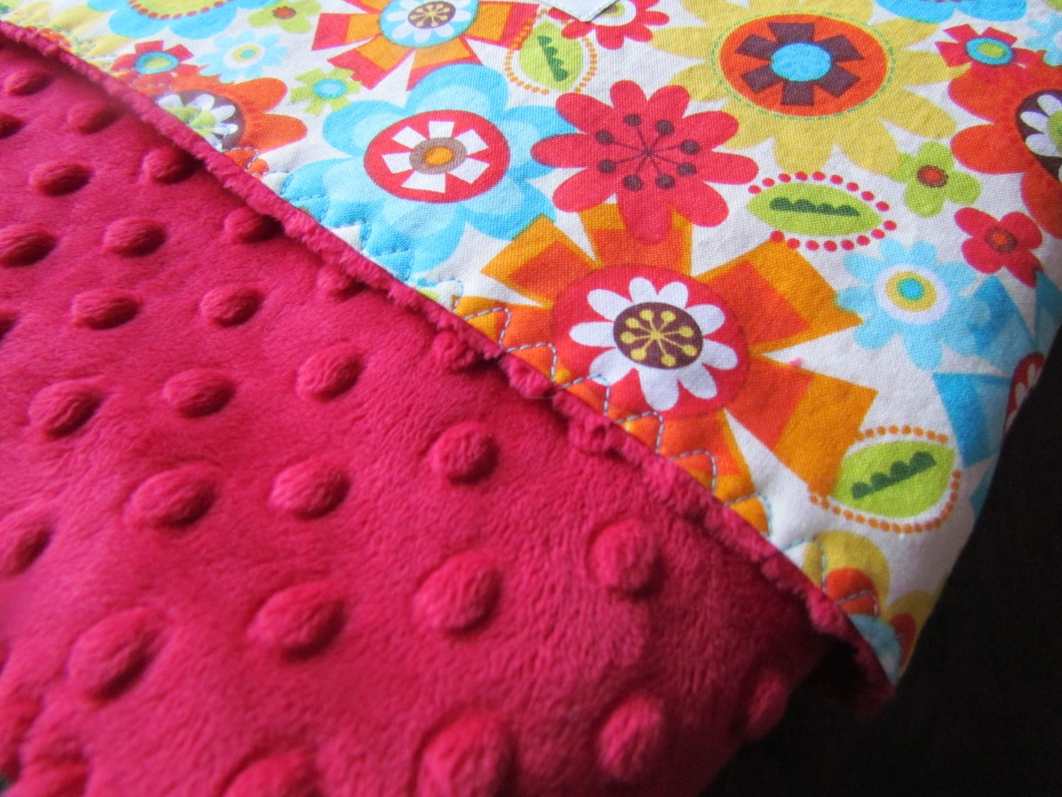 Minky Baby Blanket- Flower Power Baby Blanket with Red Minky Dot - READY TO SHIP