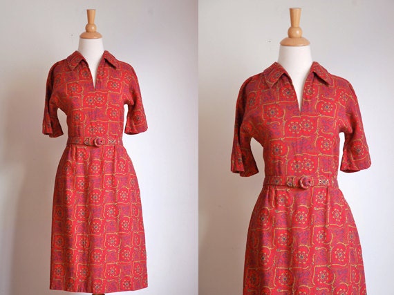 CLEARANCE // vintage 1960s Dress  // 60s Red Paisley Wiggle Dress // Unique Print