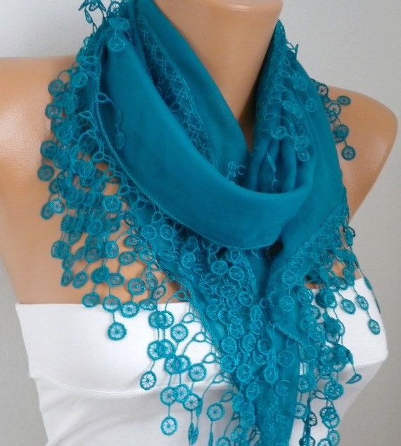 Teal Scarf  Cotton  Scarf - Shawl -  Cowl Scarf with Lace Edge   - Bridesmaids gift - fatwoman
