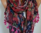 Floral  Scarf - Cotton Scarf - Shawl - Cowl Scarf with Lace Edge - fatwoman- Red Flowers - Beach wear