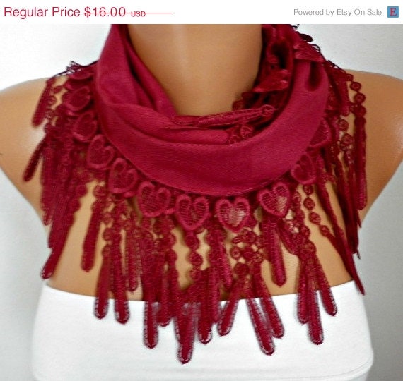 BIG SALE Burgundy Heart Scarf - Pashmina Scarf Cowl Scarf with Lace Edge - bridesmaid gift -  LOVE- fatwoman