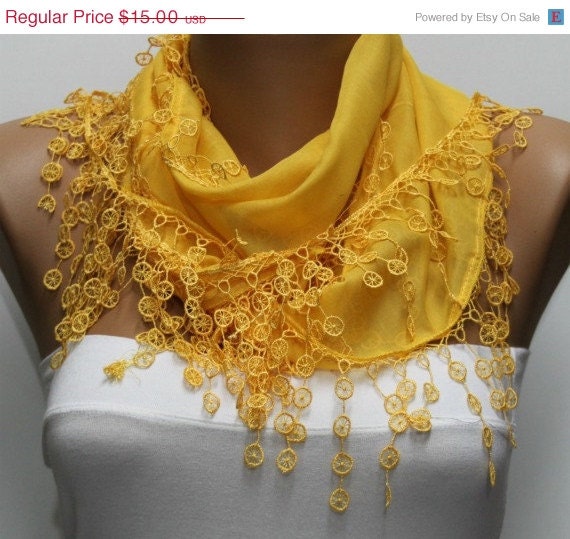 BIG SALE Yellow Scarf  - Cotton  Scarf -  Cowl with Lace Edge   -