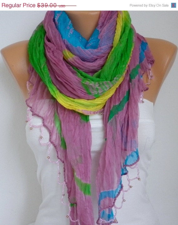 BIG SALE Ombre Silk Scarf  -  Bead edge - Shawl Scarf -  Batik - Cowl Scarf - fatwoman bridesmaid gift