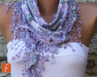 Multicolor Scarf  - Cotton  Scarf -  Cowl with Lace Edge - Lilac - fatwoman - Bridesmaids Gifts