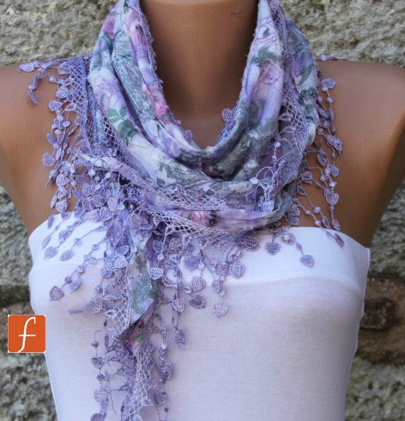 Multicolor Scarf - Cotton Scarf - Cowl with Lace Edge - Lilac - fatwoman - Bridesmaids Gifts