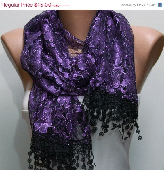 BIG SALE Purple Silvery Scarf - Cowl with Lace Edge by Fatwoman