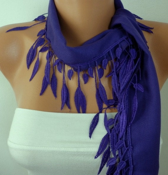 Purple Scarf  -  Pashmina Scarf  -  Cowl Scarf with Lace Edge - fatwoman