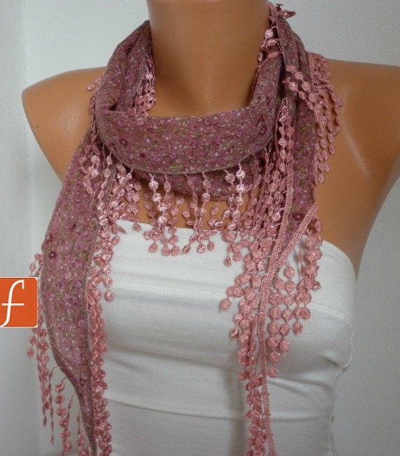 Cinnamon Scarf Cotton Scarf Cowl Scarf with Lace Edge Flowers Floral Spring Multicolor Gift - bridesmaid gift - fatwoman