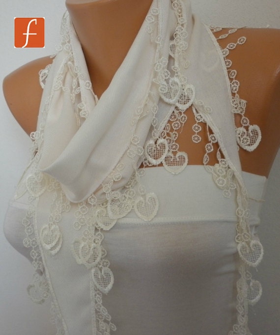 White Scarf   Pashmina Scarf  Cowl- Shawl with Lace Edge   - Off White - fatwoman - Bridesmaids Gifts