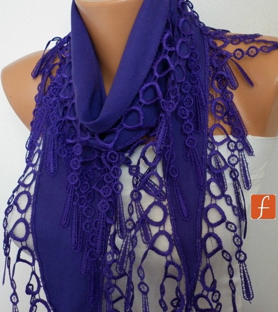 BIG SALE Purple Scarf - Pashmina Scarf - Cowl Scarf with Lace Edge - fatwoman