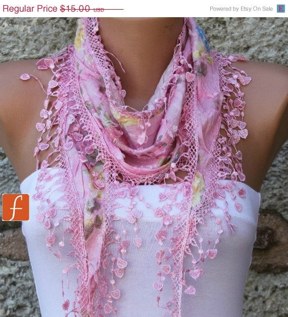 BIG SALE Multicolor Scarf  - Cotton  Scarf -  Cowl with Lace Edge - fatwoman
