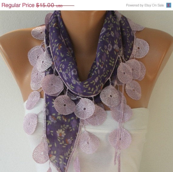 BIG SALE Purple Shawl Scarf  -  Cotton Scarf  -  Cowl Scarf with Lace Edge - fatwoman