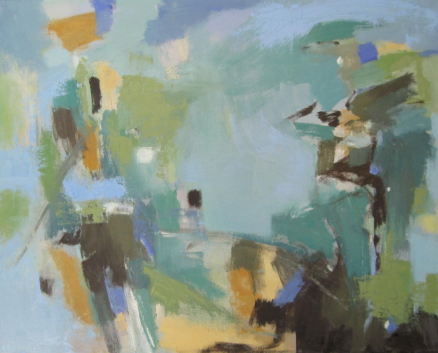 Jennifer Boswell Original Modern Art Abstract Expressionist Pallette Knife Blue Green Oil Painting 24x30 Canvas