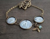 Mint Green Flower Bracelet - Antique Brass Bronze - 2 Medium and 1 Large Epoxy Glass Cabochons - Deutzia Scabra