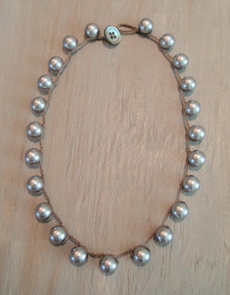 Silver Pearl crochet necklace "Simply Pearls" grey gray glass pearl necklace, Shabby chic, classic bohemian glam, luxe modern boho elegance