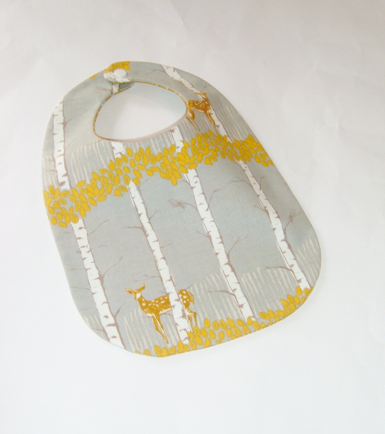 Baby Bib - Fawn and Birch Trees -Gray and Goldenrod - Baby Gift Under 10