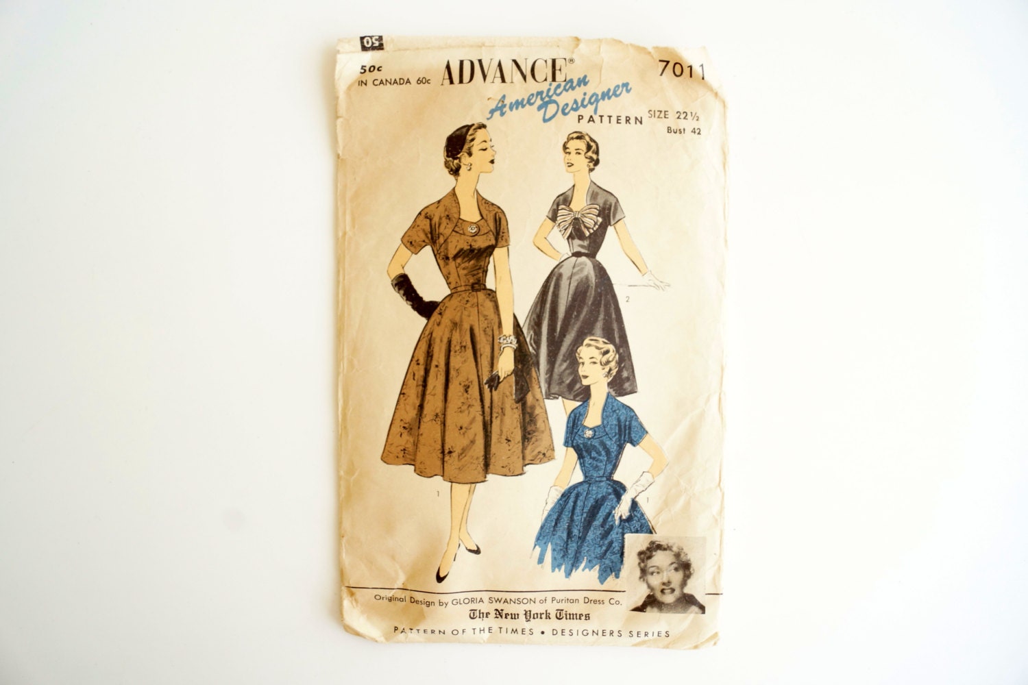 Vintage 1950s Advance American Designer Pattern 7011, Gloria Sawnson (Complete, Unused), Womens Size 22-1/2 Sewing Pattern) - Collectible