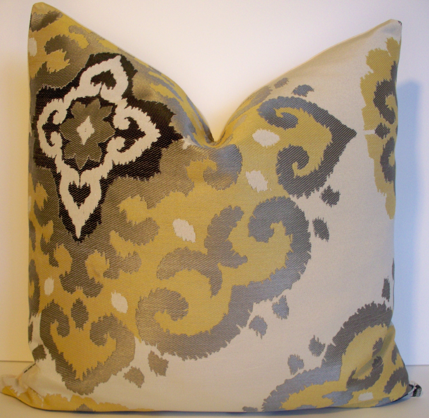 Yellow Gray Silver Cream Black Jacquard Suzani Decorative Pillow Cover 18X18