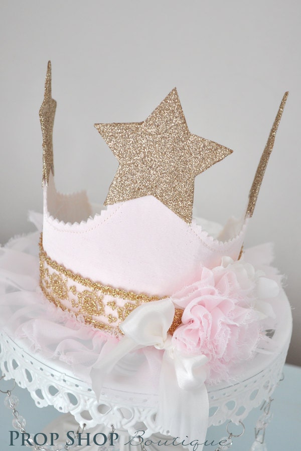 girl's Shabby Chic Vintage Star Fabric Birthday Crown, special occasion, dress up, photo prop