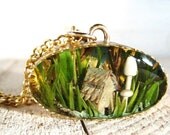 Tiny Terrarium Pendant with Birchbark House and Mushrooms