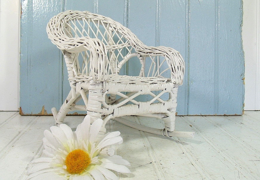 Vintage White Woven Wood & Wicker Rocker - Shabby Chic Doll Display Chair - Cottage Style Decor Photo Prop
