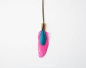 FEATHER & LEATHER necklace - pink turquoise with antique brass leaf