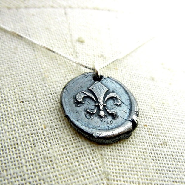 Fleur De Lis, New Orleans NOLA Vintage Style Wax Seal .999 Fine Silver (solid) Necklace by E. Ria Designs