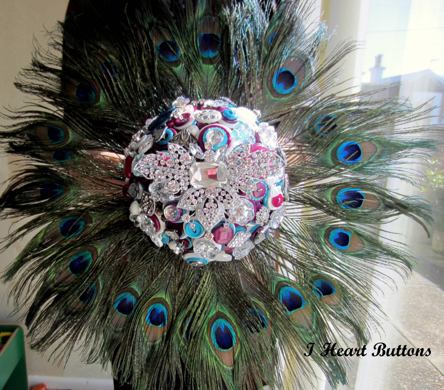 Peacock Feather Button & Brooch Wedding Bridal Bouquet