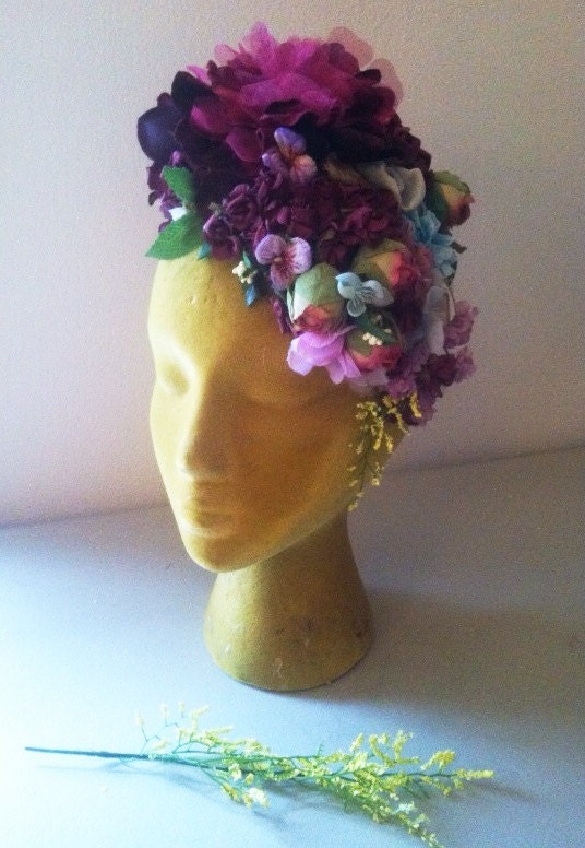 How Does Your Garden Grow...Purple Floral Spring Headdress Bohemian Couture Frida Headpiece Fascinator Vintage Hat  Millinery Flowers Roses